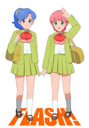  2girls aqua_eyes bag blue_hair blush commentary_request full_body green_eyes hair_ribbon high_school!_kimengumi jenny_(je2live) kawa_yui kneehighs long_hair mary_janes multiple_girls photoshop_(medium) pink_hair pleated_skirt ponytail retro_artstyle ribbon school_uniform shoes short_hair simple_background skirt smile socks uru_chie white_background white_legwear 