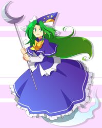  commentary_request female ghost_tail green_hair hanjuku_tomato hat long_hair mima_(touhou) simple_background smile solo staff touhou touhou_(pc-98) wizard_hat 