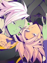  2boys dragon_ball dragon_ball_super earrings gokuu_black gray_eyes green_skin jewelry male_focus mohawk multiple_boys pink_hair source_request super_saiyan_rose white_hair zamasu 