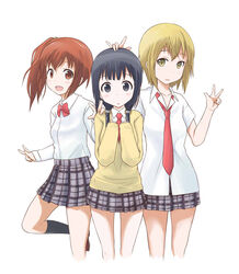  3girls :d :o \m/ aiura amaya_kanaka bad_id bad_pixiv_id black_hair blonde_hair blush brown_eyes brown_hair hand_on_another&#039;s_head iwasawa_saki katsuo9 looking_at_viewer low_twintails multiple_girls necktie open_mouth plaid plaid_skirt school_uniform short_hair side_ponytail skirt sleeves_past_wrists smile twintails uehara_ayuko v w yellow_eyes 