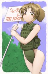  absurdres bad_id bad_tinami_id bare_shoulders blush bulletproof_vest dead_people female highres holding holding_sign light_brown_hair long_hair minabe_tetsumi naked_bulletproof_vest original placard ponytail sign solo sweatdrop tears translated wavy_mouth yellow_eyes 