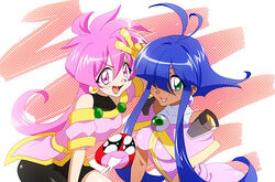  2girls bike_shorts blue_hair cacao_(lamune) commentary_request dark-skinned_female dark_skin earrings green_eyes jewelry kome_(seiga) long_hair multiple_girls one_eye_covered open_mouth parfait_(lamune) pink_eyes pink_hair sidelocks vs_knight_lamune_&amp;_40_fire 