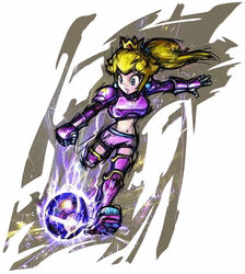  armor ball bikini_armor blonde_hair blue_eyes breastplate cleats clenched_hand crown earrings electricity energy female flipped_hair gauntlets greaves imminent_kick jewelry long_hair mario_(series) mario_strikers mario_strikers_charged masanori_sato midriff navel official_art outstretched_arm pauldrons ponytail princess_peach shorts shoulder_armor sidelocks soccer solo strikers_peach 