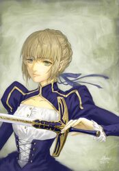  ahoge artoria_pendragon_(fate) bad_id bad_pixiv_id blonde_hair caliburn_(fate) dress eyelashes fate/stay_night fate_(series) female green_eyes hair_ribbon highres moon-lucky ribbon saber_(fate) solo sword weapon 