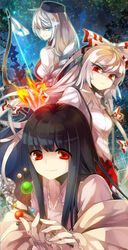  3girls aqua_eyes asamiyajy black_hair bow_(weapon) branch commentary fire fujiwara_no_mokou hat houraisan_kaguya jeweled_branch_of_hourai light_smile long_hair multiple_girls night night_sky photoshop_(medium) red_eyes sky touhou weapon white_hair yagokoro_eirin 