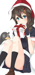  ahoge black_hair blue_eyes box braid commentary_request failure_penguin female gift gift_box gloves hair_flaps hair_ornament hair_over_shoulder hair_ribbon hat hiraba_6018 kantai_collection long_hair ribbon santa_hat school_uniform serafuku shigure_(kancolle) shigure_kai_ni_(kancolle) single_braid skirt smile solo 