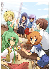  1boy 5girls blonde_hair box card commentary_request desk dutch_angle furude_rika hanyuu highres higurashi_no_naku_koro_ni holding holding_card houjou_satoko ichi_(ringogogo777) maebara_keiichi multiple_girls ryuuguu_rena school_desk school_uniform serafuku sonozaki_mion window 