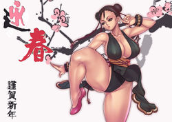  bracelet breasts brown_eyes brown_hair chun-li commentary_request curvy double_bun earrings eyeshadow female fighting_stance hair_bun highres jewelry makeup pelvic_curtain photoshop_(medium) sethxzoe shiny_skin short_hair solo spiked_bracelet spikes street_fighter thick_thighs thighs 