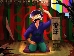  1boy akiomi_aiko arm_up arrow_(projectile) bad_id bad_twitter_id black_hair blood closed_eyes corpse curtains denim flower_(symbol) folded_fan folding_fan hand_fan hood hoodie jeans joushikimaku lantern legs male_focus matsuno_ichimatsu matsuno_karamatsu noose osomatsu-kun osomatsu-san osomatsu_(series) pants paper_lantern paw_print rakugo seiza sitting smile solo spotlight striped test_card translation_request tree 