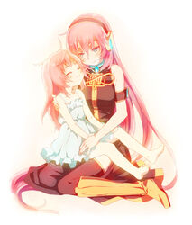  2girls ^_^ aged_down barefoot blush boots closed_eyes commentary_request dress dual_persona knee_boots lolicon long_hair mamama megurine_luka multiple_girls pink_hair sitting smile time_paradox vocaloid 