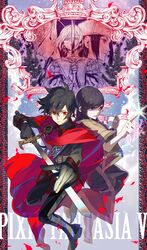  4boys androgynous bad_id bad_pixiv_id barefoot belt black_hair blanket cape copyright_name crown emanuel_(pixiv_fantasia) fantasy gloves heterochromia highres holding holding_sword holding_weapon long_hair lucas_(pixiv_fantasia) military multiple_boys nishihara_isao pixiv_fantasia pixiv_fantasia_5 purple_eyes purple_hair red_eyes short_hair sky smile sword trigard_empire uniform weapon yellow_eyes yue_liang_(pixiv_fantasia) 