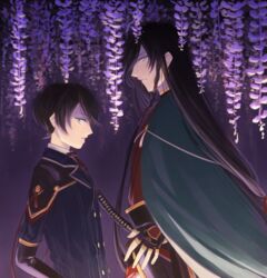  2boys black_hair blue_eyes buttons commentary_request double-breasted earrings fingerless_gloves flower gloves horikawa_kunihiro izumi-no-kami_kanesada jewelry looking_at_viewer male_focus multiple_boys purple_theme rainsp tachi_(weapon) touken_ranbu wisteria 