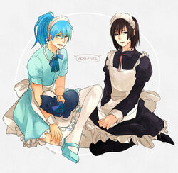  2boys alternate_hairstyle apron bad_id bad_pixiv_id black_dress black_hair black_legwear blue_dress blue_hair canine crossdressing dramatical_murder dress long_hair maid maid_headdress male_focus male_maid multiple_boys otoko_no_ko photoshop_(medium) ponytail ren_(dramatical_murder) ribbon sei_(dramatical_murder) seragaki_aoba shaoling sitting thighhighs white_legwear 