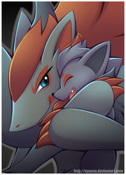  2011 black_background blue_eyes border canid canine cuddling digital_media_(artwork) duo female feral generation_5_pokemon mammal nintendo nyaasu open_mouth parent_(lore) pokemon pokemon_(species) simple_background smile white_border zoroark zorua 