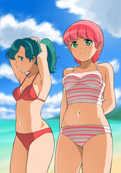  2girls adjusting_hair aqua_eyes bikini blush commentary_request green_hair high_school!_kimengumi jenny_(je2live) kawa_yui long_hair multiple_girls navel photoshop_(medium) pink_hair ponytail retro_artstyle short_hair smile swimsuit uru_chie 