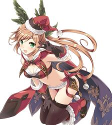  :d black_gloves black_thighhighs blonde_hair blush boots breasts cape clarisse_(granblue_fantasy) cleavage commentary_request female fur_trim gloves granblue_fantasy green_eyes hat high_heel_boots high_heels highres long_hair looking_at_viewer medium_breasts navel open_mouth ponytail santa_hat simple_background smile solo souryuu_(double_dragon) thighhighs v white_background 