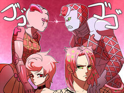  2boys 2girls angry commentary_request confrontation diavolo father_and_daughter frown grin jojo_no_kimyou_na_bouken kamiura king_crimson_(stand) multiple_boys multiple_girls pink_hair pink_theme smile spice_girl_(stand) stand_(jojo) tongue tongue_out trish_una vento_aureo 