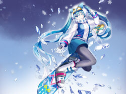  ;d blue_hair blue_skirt blush boots coat female fractal full_body gloves goggles goggles_on_head grin hatsune_miku highres hood ice long_hair mamenomoto official_art one_eye_closed open_mouth pantyhose rabbit_yukine scarf simple_background ski_boots skirt smile snowboard snowboarding snowflake_print teeth twintails very_long_hair vocaloid white_footwear white_gloves winter_clothes winter_coat yuki_ga_tokeru_mae_ni_(vocaloid) yuki_miku yuki_miku_(2016) zipper 