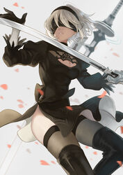  2b_(nier:automata) black_blindfold black_dress black_footwear black_gloves black_thighhighs blindfold blurry blurry_background blurry_foreground boots bow breasts cleavage cleavage_cutout clothing_cutout commentary covered_eyes dress facing_viewer feather-trimmed_sleeves feet_out_of_frame female fighting_stance floating_clothes gloves hair_over_eyes hairband highres hip_focus holding holding_sword holding_weapon juliet_sleeves katana large_breasts long_sleeves messy_hair mole mole_under_mouth multicolored_clothes multicolored_gloves nier:automata nier_(series) ootachi parted_lips petals puffy_sleeves shioha short_hair side_slit solo summoning sword teeth thigh_boots thighhighs weapon white_background white_gloves white_hair 