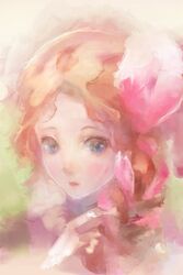  arrietty bad_id bad_pixiv_id blue_eyes blurry brown_hair faux_traditional_media female flower hair_flower hair_ornament highres hogecomhoge karigurashi_no_arrietty portrait solo three_quarter_view 