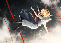  alice_margatroid arufa_(hourai-sugar) bad_id bad_pixiv_id belt black_footwear blonde_hair blue_dress blue_eyes blurry boots depth_of_field dress falling female full_body grey_background hairband high_heels necktie photoshop_(medium) shoes short_sleeves solo string string_of_fate touhou 