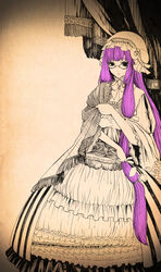  bespectacled commentary_request crescent crescent_hat_ornament dress female flower glasses hat hat_ornament kido_(choushouya) long_hair monochrome patchouli_knowledge purple_hair shawl solo spot_color touhou very_long_hair wide_sleeves 