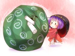  abbreviated_karakusa bikuseno bowl bowl_hat chibi commentary_request female furoshiki green_kimono hat highres japanese_clothes kimono mini_person minigirl obi paper purple_hair pushing red_background sack sash short_hair solo sukuna_shinmyoumaru touhou 