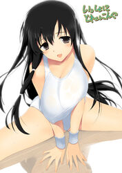  armband bare_shoulders black_hair breasts breasts_squeezed_together brown_eyes cleavage commentary_request covered_nipples female hima huge_breasts issho_ni_training iwato_kasumi leotard long_hair looking_at_viewer open_mouth parody reflective_floor saki_(manga) smile solo spread_legs sweat very_long_hair white_background 