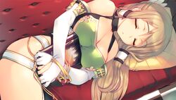  amazuyu_tatsuki aquaplus book bracelet breasts cleavage closed_eyes dungeon_travelers_2 elbow_gloves female from_above game_cg gloves hugging_object irena_rosenmeier jewelry large_breasts light_brown_hair long_hair lying official_art on_side parted_lips pillow sleeping solo white_gloves 