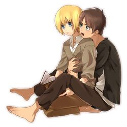  2boys armin_arlert barefoot blonde_hair blue_eyes blush book brown_hair commentary_request eren_yeager full_body hug hug_from_behind komiya_harumoto male_focus multiple_boys shingeki_no_kyojin shirt simple_background white_background 