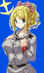  blonde_hair blue_eyes breasts commentary_request female gundam_online hair_ribbon hirowa_nagi large_breasts long_hair looking_at_viewer military military_uniform ponytail ribbon solo uniform 