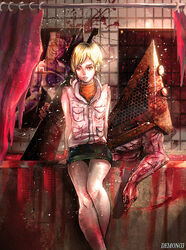  blonde_hair blood breasts commentary_request demong3 heather_mason miniskirt multiple_girls pyramid_head short_hair silent_hill_(movie) silent_hill_(series) silent_hill_2 silent_hill_3 skirt sleeveless vest weapon wristband 