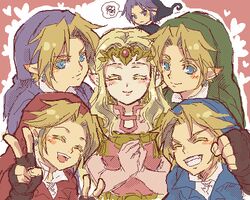  5boys alternate_color blonde_hair blue_eyes commentary_request dark_link female gloves grin link long_hair lowres multiple_boys multiple_persona mutsuki_kaya oekaki pointy_ears princess_zelda smile the_legend_of_zelda the_legend_of_zelda:_four_swords v 