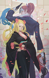  1boy aqua_eyes blonde_hair breasts cleavage commentary_request female flower folding_fan gun hair_flower hair_ornament hand_fan height_difference highres hiteihime_(katanagatari) japanese_clothes katanagatari kimono long_hair loped mask medium_breasts photoshop_(medium) ponytail red_hair souda_emonzaemon very_long_hair weapon 