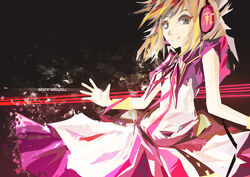  abstract arufa_(hourai-sugar) blonde_hair brown_eyes colored_eyelashes commentary_request female headphones photoshop_(medium) sailor_collar short_hair sleeveless solo touhou toyosatomimi_no_miko wrist_cuffs 