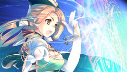  amazuyu_tatsuki aquaplus bracelet breasts brown_hair cleavage dungeon_travelers_2 elbow_gloves female game_cg gloves hat irena_rosenmeier jewelry large_breasts long_hair magic magic_circle official_art open_mouth solo upper_body white_gloves 