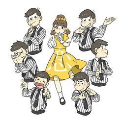  6+boys bad_id bad_twitter_id black_hair brothers brown_hair closed_eyes commentary_request cosplay dress female flower gloves hair_flower hair_ornament hairband highres hoshino_gen hoshino_gen_(cosplay) index_finger_raised koi_dance low_twintails matching_outfits matsuno_choromatsu matsuno_ichimatsu matsuno_jyushimatsu matsuno_karamatsu matsuno_osomatsu matsuno_todomatsu momoco_(momco04) multiple_boys osomatsu-kun osomatsu-san osomatsu_(series) pinstripe_pattern pointing pointing_at_viewer pose sextuplets short_hair short_twintails siblings simple_background smile song_name striped suspenders twintails white_background white_gloves yellow_dress yowai_totoko 