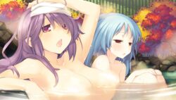  2girls :o aquaplus blue_hair breasts completely_nude dungeon_travelers_2 game_cg hand_on_own_head hands_on_own_knees houzouji_yae kokonoka large_breasts long_hair multiple_girls nude official_art onsen open_mouth purple_hair red_eyes same-sex_bathing shared_bathing sitting towel towel_on_head tsurara_(dungeon_travelers_2) wading water wet 