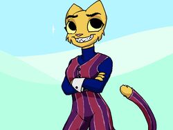  2016 4:3 anthro clothed clothing cosplay crossover domestic_cat felid feline felis female fur katia_managan kazerad khajiit lazytown mammal meme microsoft open_mouth parody prequel_adventure robbie_rotten simple_background smile solo teeth the_elder_scrolls yellow_body yellow_fur 