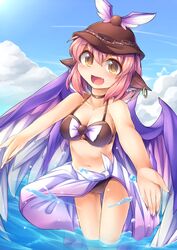  animal_ears bad_id bad_pixiv_id bikini blush breasts commentary_request earrings female fingernails fun_bo hat jewelry marisa_to_alice_no_cookie_storia medium_breasts mystia_lorelei navel open_mouth outstretched_arms outstretched_hand pink_hair sarong short_hair smile solo swimsuit touhou wading water wings 