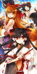  3girls asamiyajy black_hair black_wings blonde_hair bow chains commentary detached_sleeves gourd hair_tubes hairbow hakurei_reimu hat horn_ornament horns ibuki_suika long_hair looking_at_viewer multiple_girls photoshop_(medium) red_eyes shameimaru_aya short_hair smile tokin_hat touhou wings wrist_cuffs yellow_eyes 