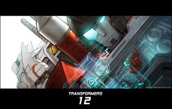  2boys autobot commentary_request drift_(transformers) emblem frown glowing glowing_eyes hologram insignia letterboxed mecha monocle multiple_boys over_shoulder perceptor_(transformers) photoshop_(medium) realistic robot science_fiction smirk sword the_transformers_(idw) transformers weapon weapon_over_shoulder xiling 