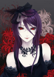  black_dress black_flower black_rose black_sclera bzerox colored_sclera commentary_request dress female flower glasses hair_between_eyes hat highres jewelry kamishiro_rize light_smile looking_at_viewer necklace purple_hair red_eyes rose solo tokyo_ghoul 