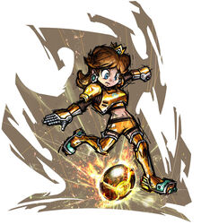  armor ball blue_eyes breastplate brown_hair cleats clenched_hand crown earrings electricity energy female flipped_hair flower_earrings gauntlets greaves jewelry long_hair mario_(series) mario_strikers mario_strikers_charged masanori_sato midriff navel official_art outstretched_arm pauldrons princess_daisy shorts shoulder_armor soccer solo strikers_daisy 