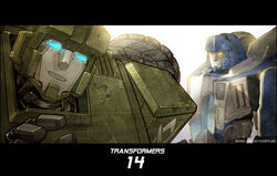  2boys autobot commentary_request glowing glowing_eyes hound_(transformers) letterboxed looking_at_viewer mecha mirage_(transformers) multiple_boys photoshop_(medium) realistic robot science_fiction the_transformers_(idw) tire transformers xiling 