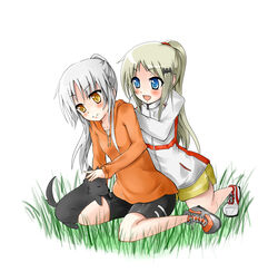  2girls angel_beats! bike_shorts blue_eyes canine casual commentary_request company_connection crossover grey_hair hood hoodie jacket key_(company) kiichi_(picchi0112) little_busters! long_hair multiple_girls no_socks noumi_kudryavka ponytail shoes sneakers tachibana_kanade white_hair yellow_eyes 