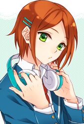  1boy aoi_yuta blazer commentary ensemble_stars! green_eyes hair_ornament hairclip headphones jacket male_focus necktie o3o orange_hair rio_(rio_01) school_uniform solo yumenosaki_school_uniform 