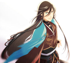  1boy black_hair blue_eyes commentary_request hand_on_hilt haori izumi-no-kami_kanesada japanese_clothes male_focus rainsp solo touken_ranbu 