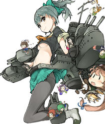  &gt;_&lt; 20.3cm_twin_gun_mount 53cm_submarine_bow_torpedo_mount 6+girls aqua_skirt backpack bag bi_type_40mm_twin_autocannon_mount black_legwear black_serafuku blonde_hair blush bow breasts brown_eyes brown_hair cannon closed_eyes commentary_request fairy_(kancolle) falling goggles goggles_on_head green_hair hairbow hat kantai_collection long_hair looking_at_viewer machinery midriff morikawasansei multiple_girls neckerchief panties panties_under_pantyhose pantyhose pleated_skirt ponytail purple_hair school_swimsuit school_uniform serafuku ship_repair_facility_(kancolle) short_hair short_sleeves simple_background skirt small_breasts smile solo_focus swimsuit turret type_0_reconnaissance_seaplane underboob underwear white_background wince yuubari_(kancolle) zuiun_(kancolle) 