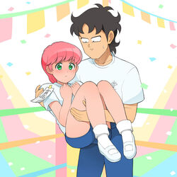  1boy black_hair blush buruma carrying commentary_request female gym_uniform high_school!_kimengumi jenny_(je2live) kawa_yui mary_janes photoshop_(medium) pink_hair retro_artstyle shoes short_hair socks straight sweatdrop white_legwear 